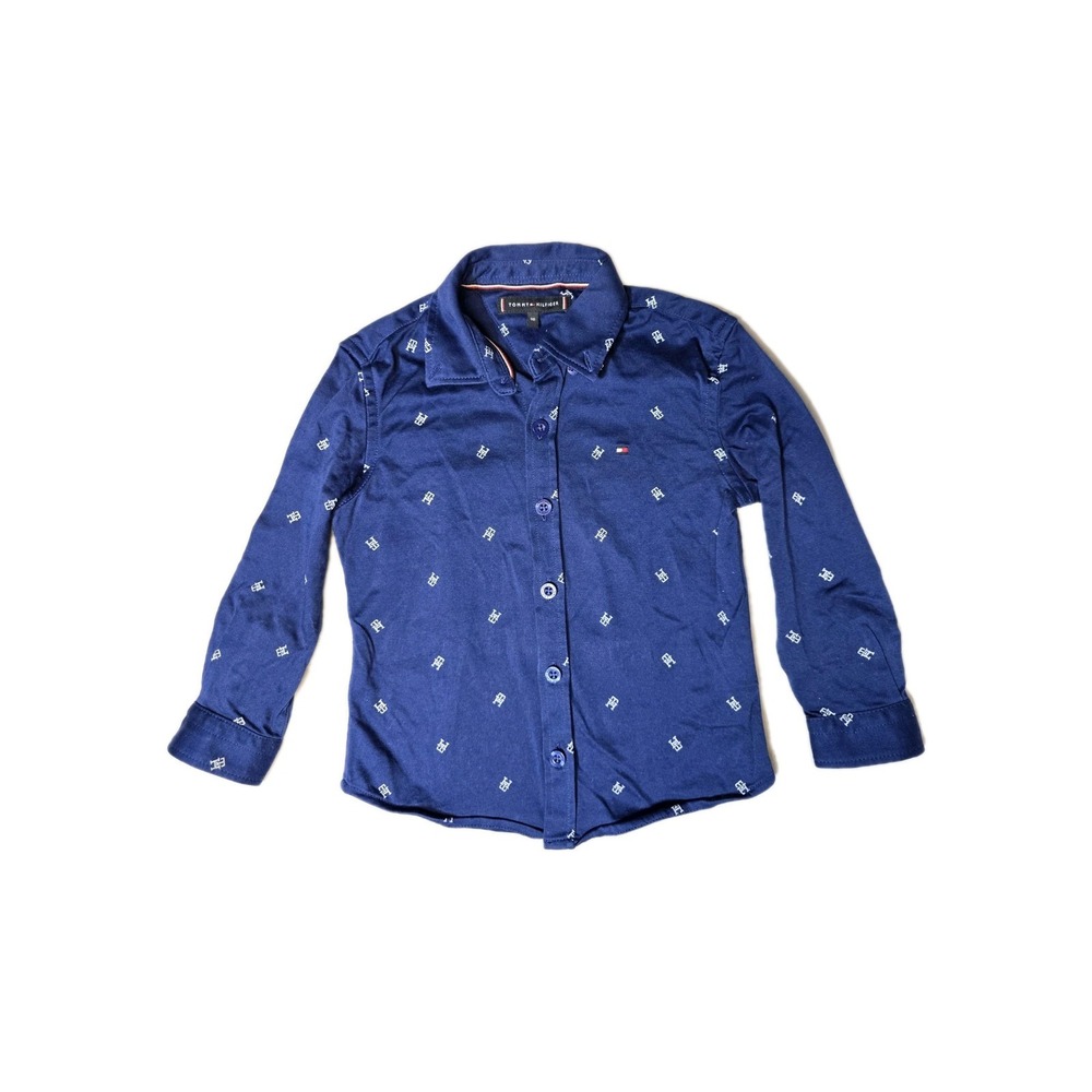 Tommy Hilfiger Boys Button Up Shirt Knit Navy Blue Logo Print 3 T